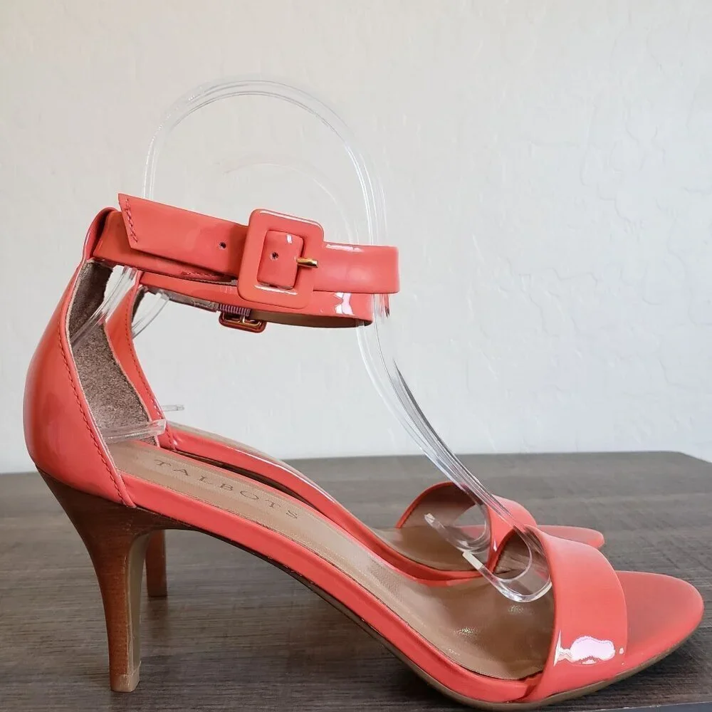Talbots Lakia Patent Leather Ankle Strap Heels Sandal Open Toe Coral Sz Womens 7